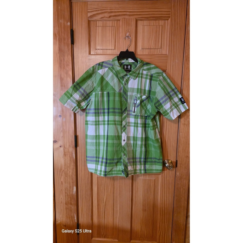 Under Armour Mens XXL Green Plaid Short Sleeve Button Down Shirt Zip Pocket
